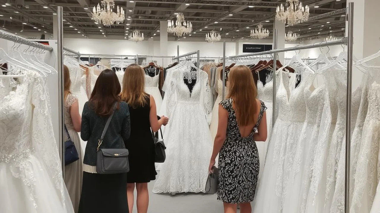 Four women browse STEP 4: Additional Items in a spacious bridal showroom, admiring racks of white wedding dresses displayed under elegant chandeliers.