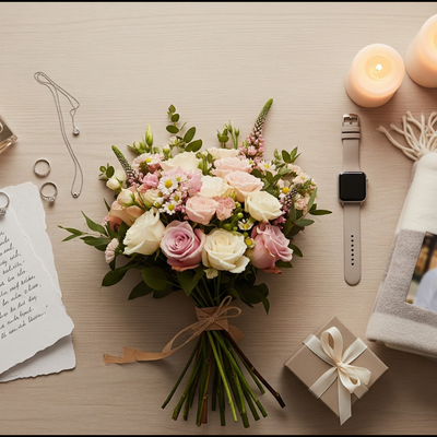 A flat lay of romantic Valentine’s Day gifts arranged on a light wooden surface.