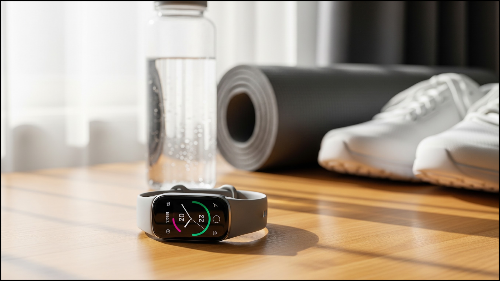 Fitness smartwatch on a table.