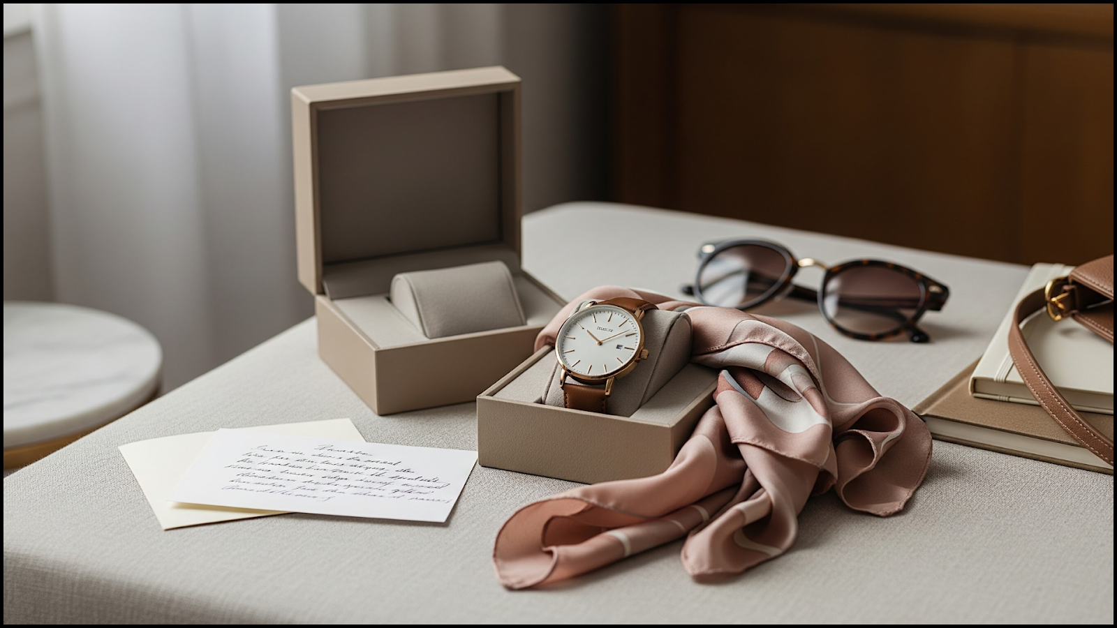 Designer wristwatch on a table.