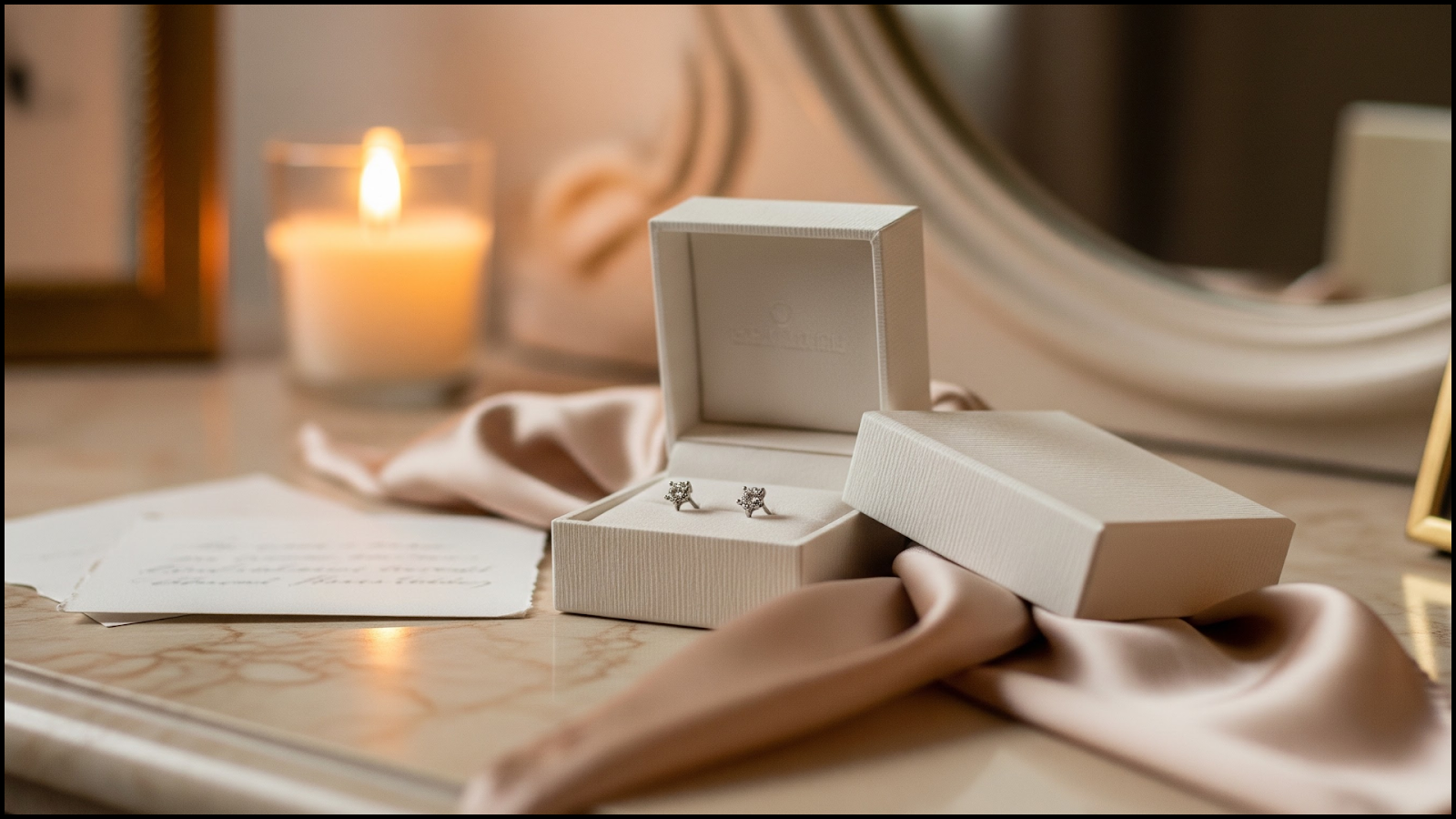 Pair of diamond earrings on display.